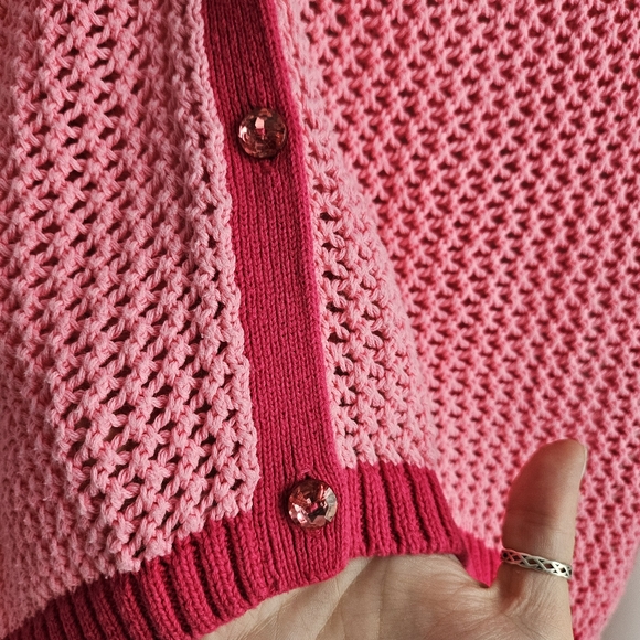 Women Cardigan Size L Pink Crochet Sweater Asymmetrical Long Sleeve Button-up - Picture 4 of 7